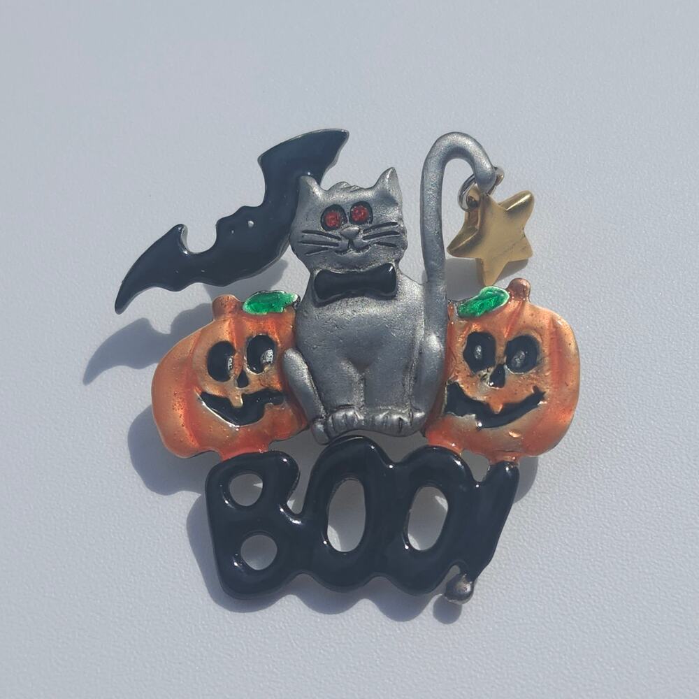 Vintage AJMC Halloween Cat Jack O Lantern Bat Boo Enamel Rhinestone Brooch Pin